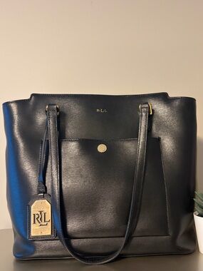 RALPH LAUREN Black Leather Tote with Gold Accents